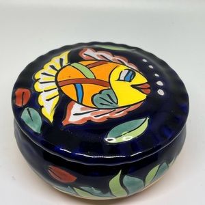 Mexican Pottery Trinket Box with Lid HandPainted Fish  Signed Mex